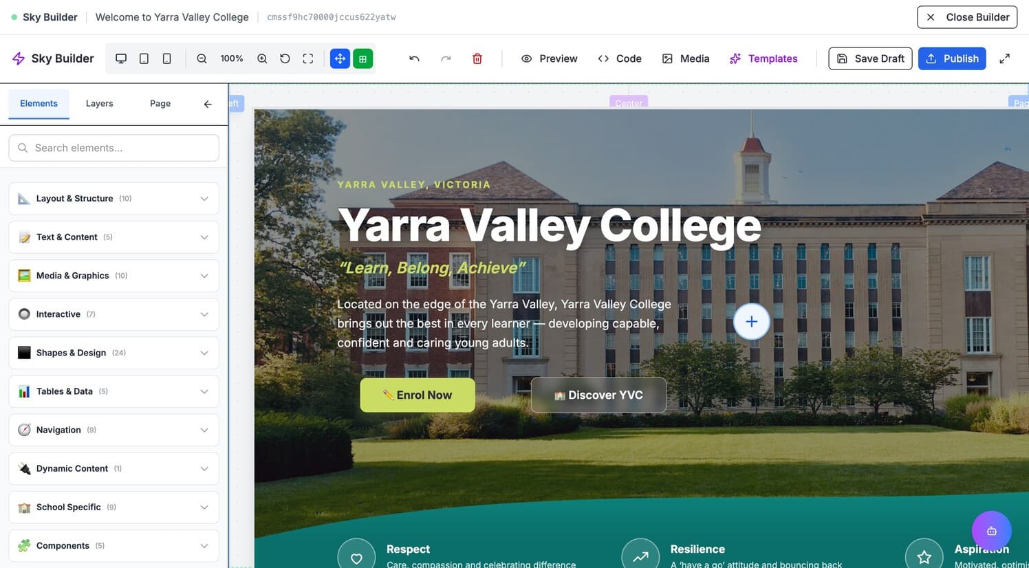 The Sky Builder page editor with the element panel open and a school home page on the canvas
