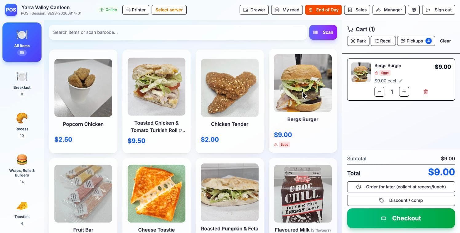 The canteen point-of-sale screen with items, a live cart and an allergen warning