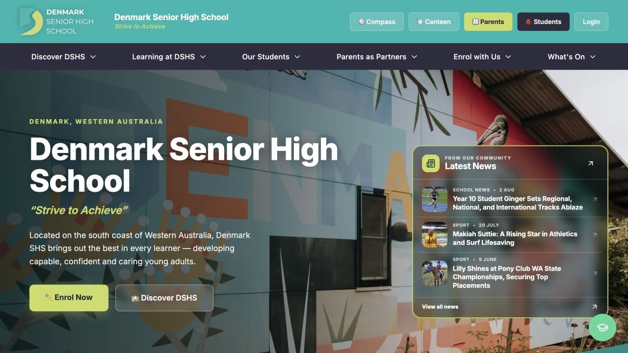The Denmark Senior High School home page as it appears live