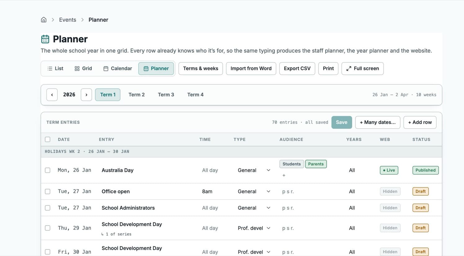 The term planner grid showing dated entries with audience tags and publish state